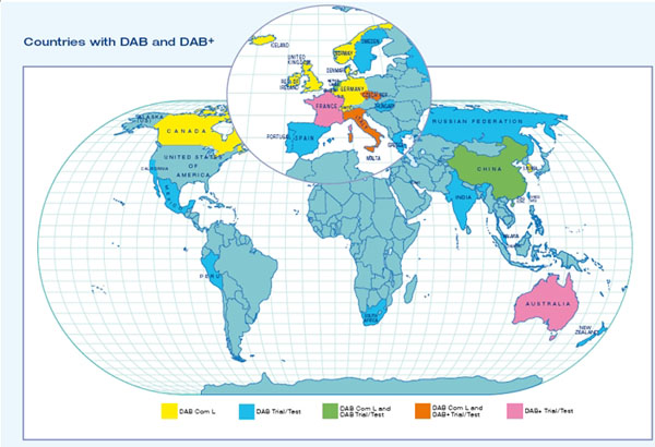 图1： 提供DAB和DAB+服务的国家(图片由WorldDMB提供)。