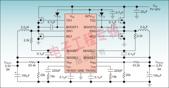 图1：在 7V至24V电源范围内工作的双路 3.3V/2.5V输出LTC3850应用原理图。