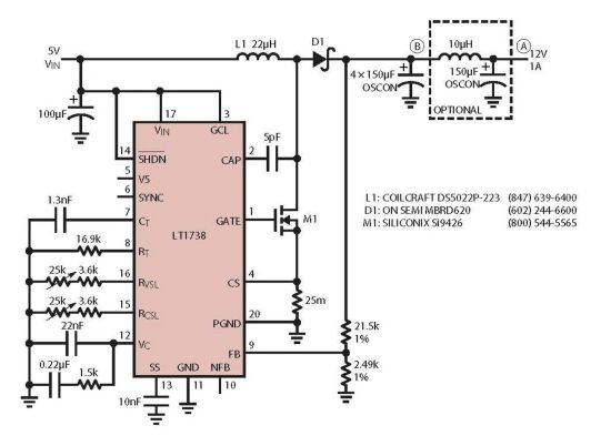 图4：采用LT1738的5V至12V/1A升压型转换器。