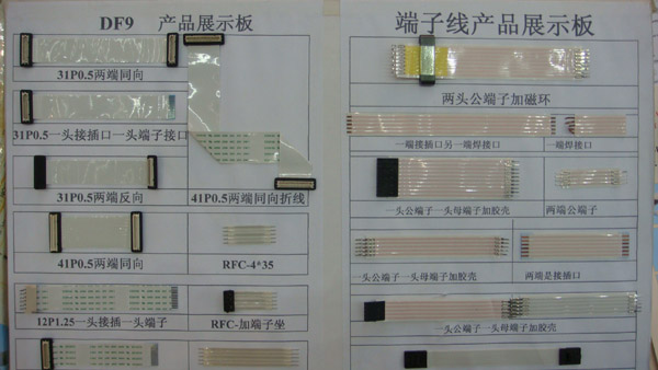 图2：新大科技的DF9和端子线产品展示板。