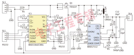 图1：将RS-232收发器(IC1)连接到升压型DC/DC转换器(IC2)，提供真正的关断功能。