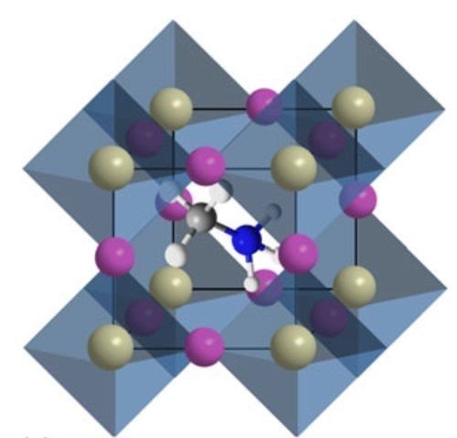 CH3NH3PbI3-xClx混合钙钛矿卤化物晶体结构。铅(黄色球)和卤化物(I/CI，粉红球)各别位在八面体的中心和角部，有机阳离子则位于空隙。《电子工程专辑》