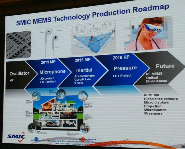 图：SMIC在MEMS传感品上的演进图，今年已可以量产硅麦与一些运动传感器包括9轴传感器；预计明年可以生产压力传感器，而未来将向高端的RF MEMS、各种生物传感器、微投传感器等迈进。《电子工程专辑》