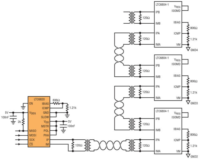 图5：LTC6804支持隔离式SPI接口，该接口可以“菊花链”方式连接，以组成较大的阵列，从而实现坚固、抗EMI的互连，同时还能够最大限度减少布线需求和隔离器数量。《电子工程专辑》