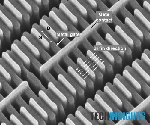 图1：三星14 nm LPE FinFET晶体管的侧视SEM图《电子工程专辑》