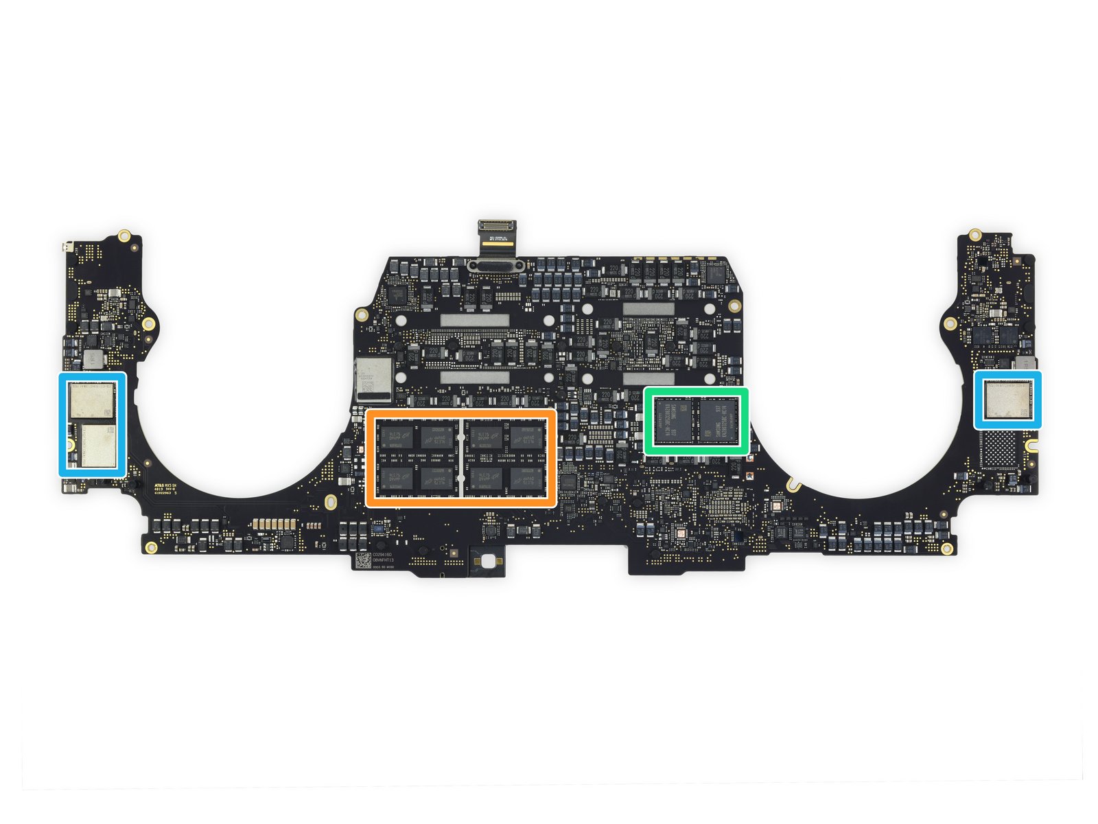 这块形状像胡子一样的主板上，芯片组件如下：  红色：第9代Intel Core i7-9750H 6核处理器 橙色：16个Micron MT40A1G8SA-075 8 Gb DDR4 SDRAM（总共16 GB） 黄色：AMD Radeon Pro 5300M移动GPU 绿色：4个Samsung K4Z80325BC-HC14 8 Gb GDDR6 RAM（总共4 GB） 浅蓝：东芝TSB4227VE8434CHNA11926和TSB4227VE8437CHNA11926闪存（总计512 GB） 深蓝：苹果T2 APL1027 339S00536协处理器 紫色：英特尔JHL7540 Thunderbolt 3控制器