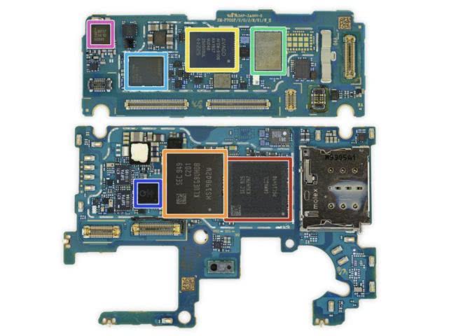  上层主板上的芯片：  红色：三星925 K3UH7H7（可能在高通骁龙855处理器上封装的8 GB RAM）；橙色：三星949 KLUEG8UHDB（可能是256 GB的闪存）；黄色：Broadcom AFEM-9106前端模块；绿色：Skyworks 78160-51低噪声放大器；浅蓝色：高通SDR8150射频收发器；深蓝色：高通WCN3998 WiFi +蓝牙SoC；紫色：NXP 80T17 NFC控制器 