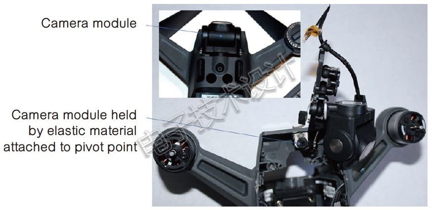 相机模块以45°俯角固定在外壳的下面。它使用一个2轴万向节，通过一条连接到外壳的松紧带转动，这是由旋臂中的驱动装置进行控制的。