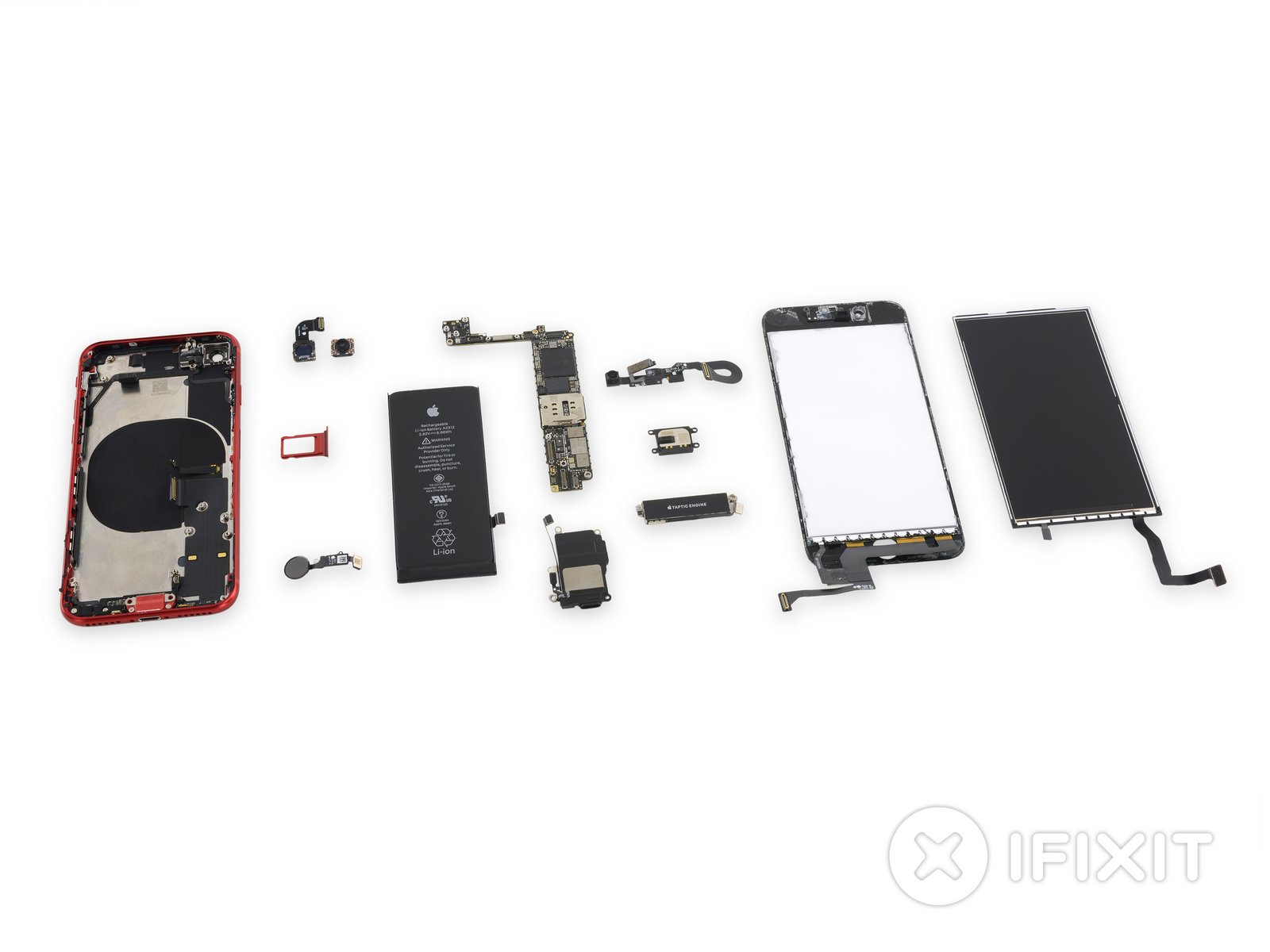 最后来个全家福，对于这部新iPhone SE，iFixit给出了6/10的分数。这部被他们称为“Apple Frankensteined”的手机，在显示器和电池这两个最常更换的组件上，只要具备适当的知识和工具，就可以轻松更换；大多数组件都是模块化的并可独立更换，其中包括许多与iPhone 8交叉兼容的组件； IP67密封件使维修工作复杂化，但不太可能需要进行困难的胶水溶解。最后，脆弱的玻璃后盖仍然无法更换。  责编：Luffy Liu