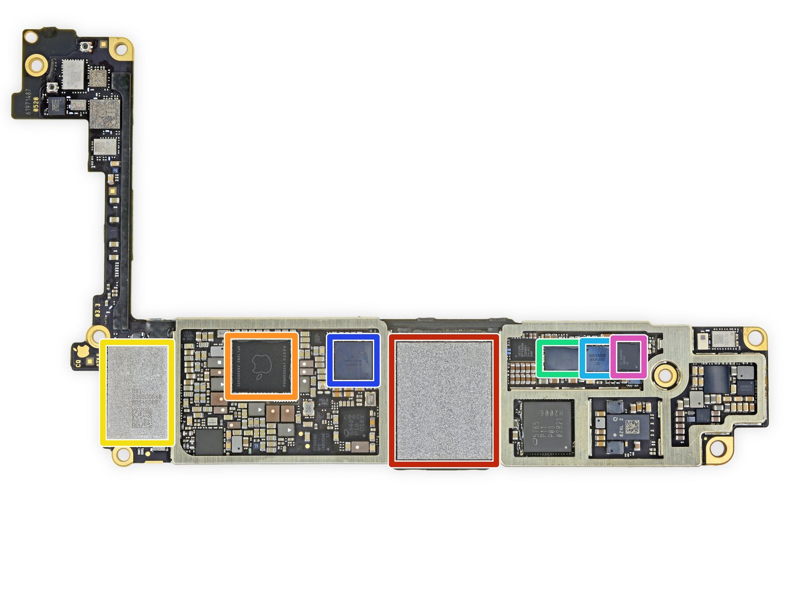 主板背面： 红色：东芝TSB4226LF23417WNA11948闪存芯片； 橙色：Apple APL1092电源管理芯片； 黄色：USI 339S00648 Wi-Fi/蓝牙SoC； 绿色：博通59358A81UB56触摸控制器； 淡蓝色：338S00295音频芯片； 深蓝色：338S00248音频芯片； 粉色：TI9CAK76I SN2501 A1