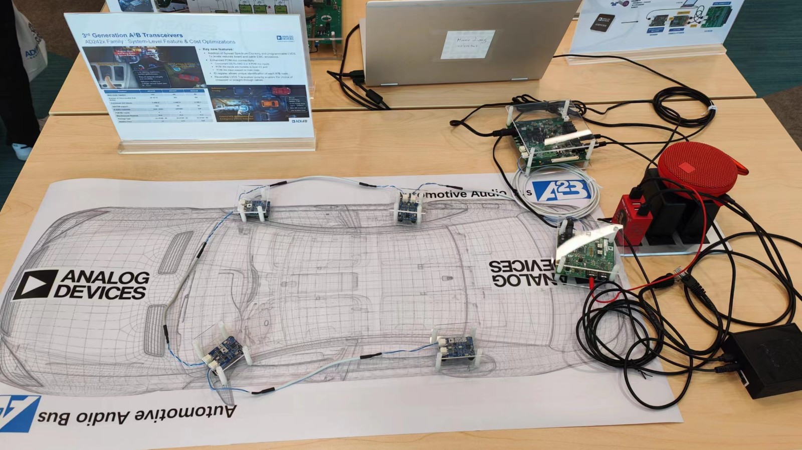 用于智能座舱的第三代A2B收发器方案展示。我们坐车或开车时，往往苦恼于车噪太大，前后排彼此听不清说话。在车舱几个部位安装小节点模块后，利用降噪和麦克风技术，通过主控板和总线传输，就能实现高速运动车内的清晰对话