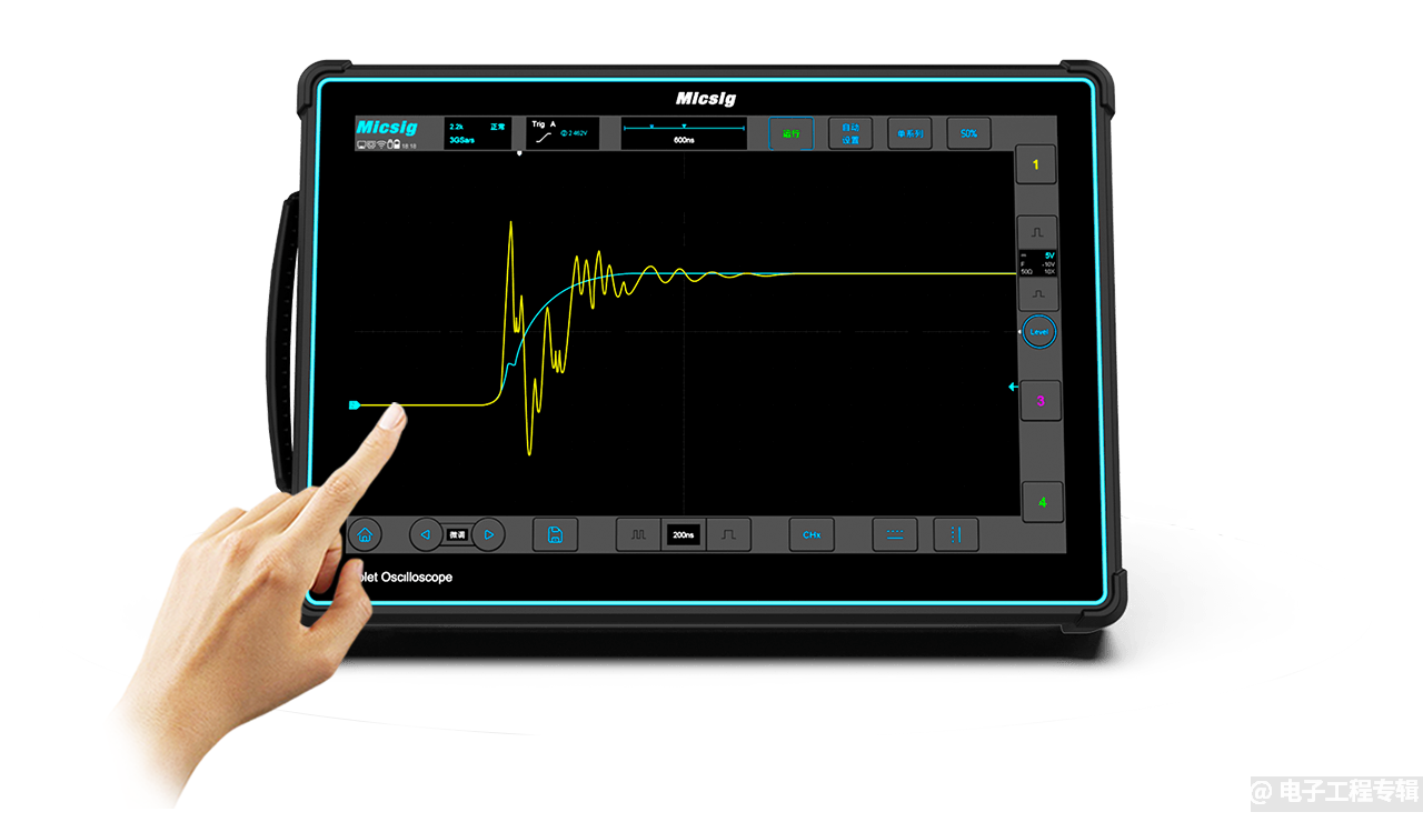 麦科信_平板示波器ETO5004。500MHz带宽|3GSa/s采样率|360Mpts存储深度|4通道|13500mAh锂电池|1920*1200分辨率。14英寸触控一体显示屏，分辨率达1920*1200，观察波形一览无余。搭载基于安卓的测试仪器专用的SigtestUI™多任务系统，触控操作丝滑；独创的Mic-OPI™探头接口，易插拔，寿命长，支持无源探头自校正等功能。