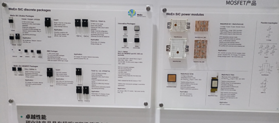 瑞能半导体的展台上展出了各种功率器件（包括模块类）产品，包括可控硅、碳化硅MOSFET、IGBT和硅MOSFET。据工作人员介绍，瑞能半导体脱胎于恩智浦半导体，其可控硅产品到目前已经有50多年的历史了。公司在碳化硅方面的布局已经有十多年了，最新的产品线是硅MOSFET。之所以先做碳化硅，后做硅，该工作人员解释道，是因为对于一个综合性的企业来讲，各个产品线都要有。“虽然硅MOSFET这个市场是红海市场，非常卷，但在市场足够大的情况下，如果能结合设计上的优势，还是能够占有一席之地的”。他透露，虽然目前瑞能半导体的第二代硅MOSFET产品还是在国内的几家晶圆代工厂流片，但当第三代产品出来的时候，就会将其转移到该公司位于北京的新晶圆厂。